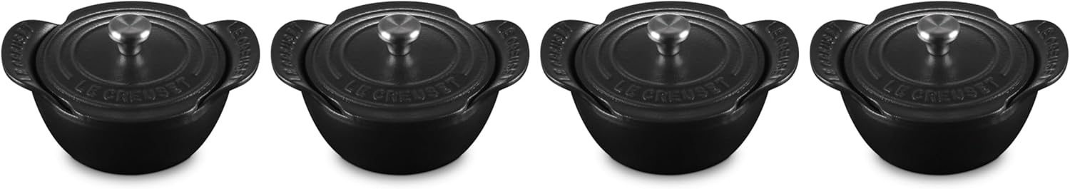 Le Creuset Set of 4 - 1/3 Qt. Mini Round Cocotte w/Stainless Steel Knob - Gourmand Collection - Matte Black