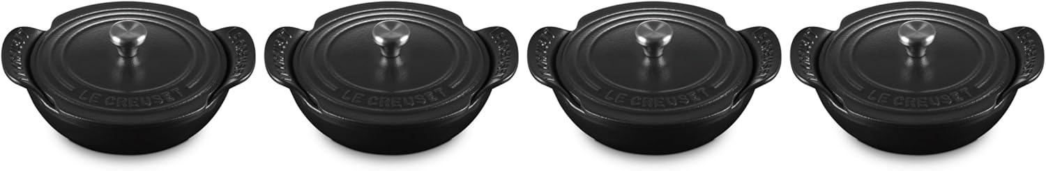 Le Creuset Set of 4 - 1/3 Qt. Mini Round Braiser w/Stainless Steel Knob - Gourmand Collection - Matte Black