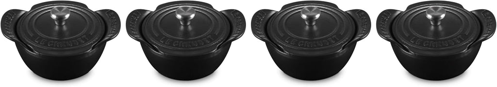 Le Creuset Set of 4 - 1/3 Qt. Mini Round Cocotte w/Stainless Steel Knob - Gourmand Collection - Matte Black